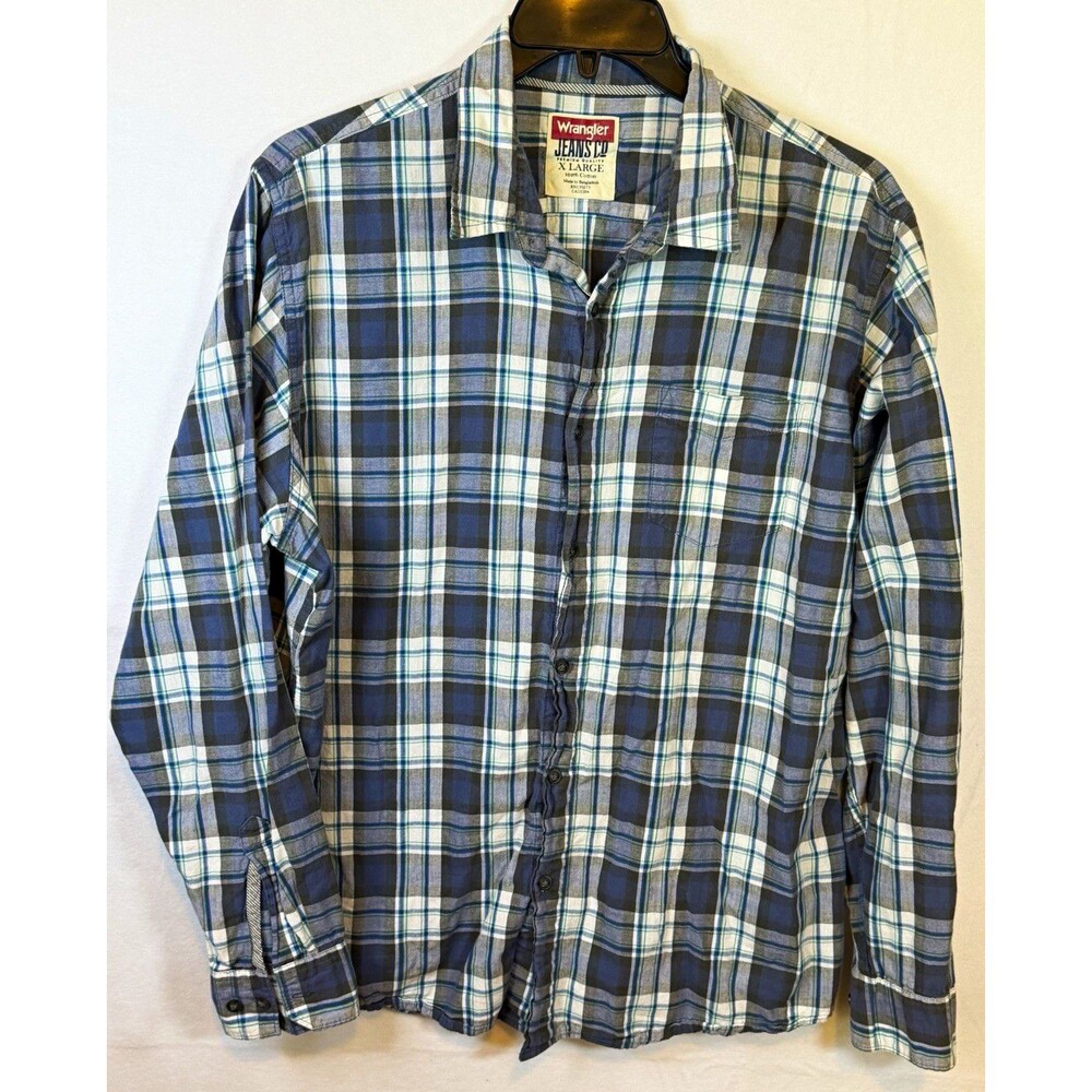Wrangler Jeans Co Men's Blue/Gray/White Plaid Cotton Woven LS Pockets, XL
